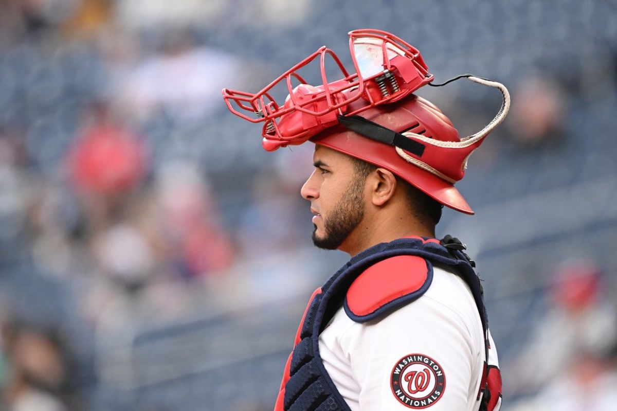 May 5, 2026; Washington, District of Columbia, USA; Washington Nationals catcher Keibert Ruiz (20) looks out from behind home plate before pitch against the Minnesota Twins during the second inning at Nationals Park. Mandatory Credit: Rafael Suanes-Imagn Images