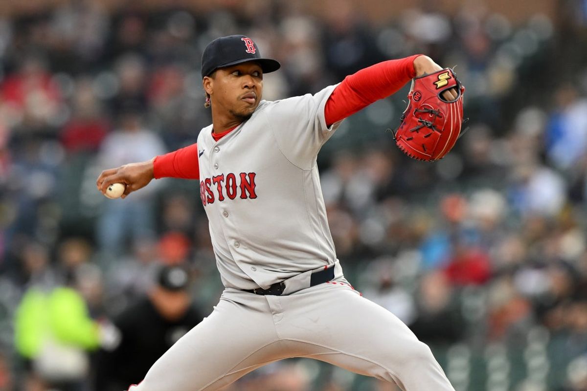 May 5, 2026; Detroit, Michigan, USA;  Boston Red Sox pitcher Brayan Bello (66) throws a pitch against the Detroit Tigers in the second inning at Comerica Park. Mandatory Credit: Lon Horwedel-Imagn Images