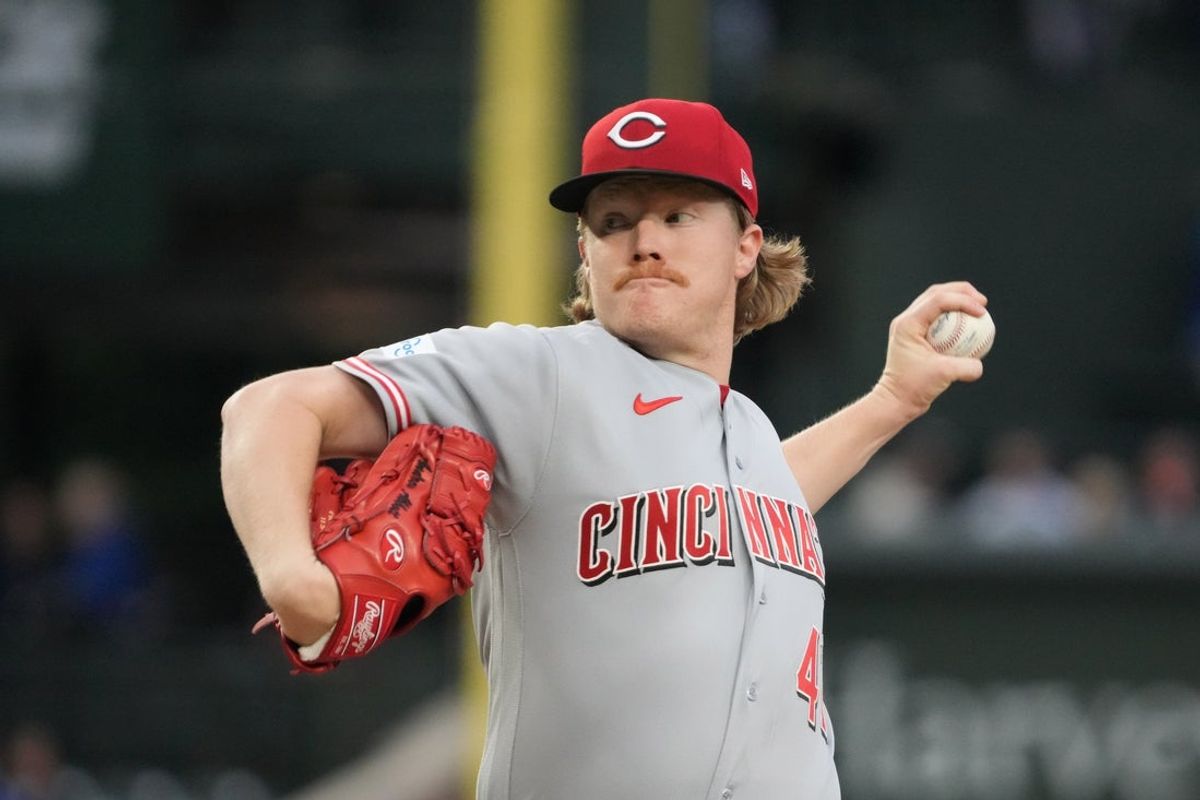 May 5, 2026; Chicago, Illinois, USA; Cincinnati Reds pitcher Andrew Abbott (41) throws the ball against the Chicago Cubs during the first inning at Wrigley Field. Mandatory Credit: David Banks-Imagn Images
