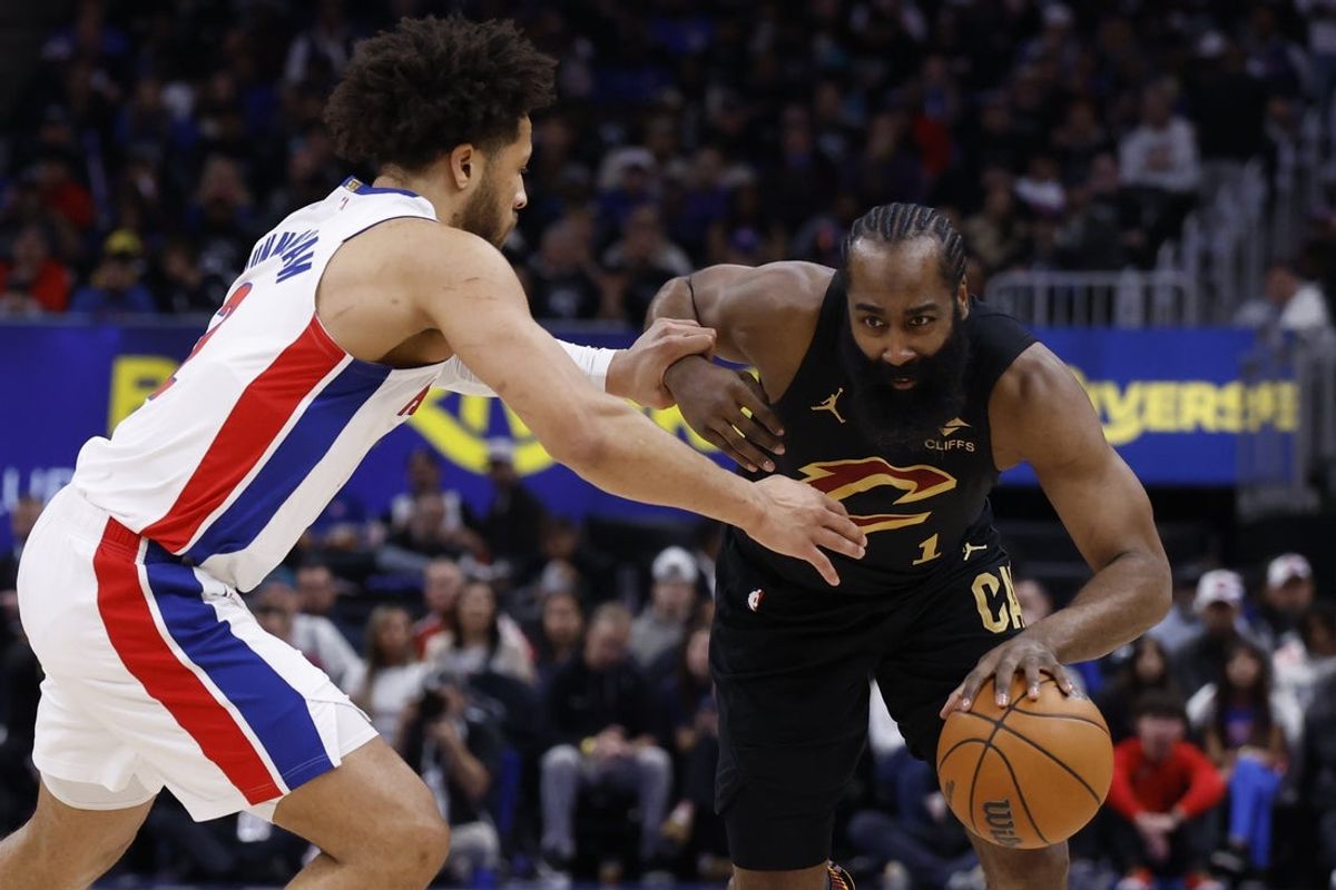 May 5, 2026; Detroit, Michigan, USA; Cleveland Cavaliers guard James Harden (1) dribbles defended by Detroit Pistons guard Cade Cunningham (2) in the first half during game one of the second round of the 2026 NBA Playoffs at Little Caesars Arena. Mandatory Credit: Rick Osentoski-Imagn Images