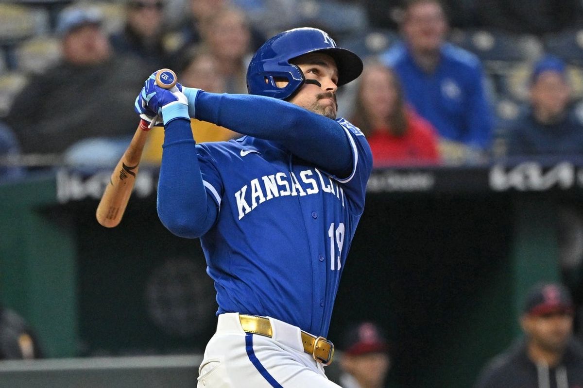 May 5, 2026; Kansas City, Missouri, USA; Kansas City Royals second baseman Michael Massey (19) hits a two-run home run in the fourth inning against the Cleveland Guardians at Kauffman Stadium. Mandatory Credit: Peter Aiken-Imagn Images