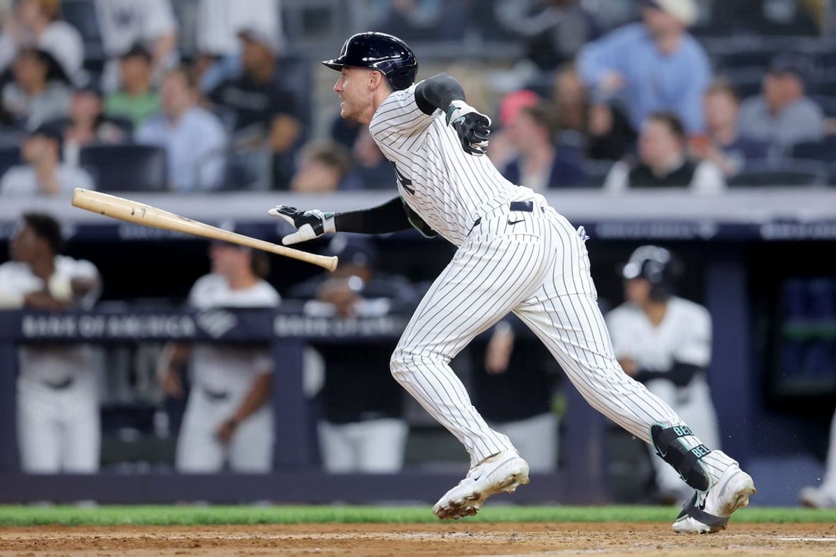 May 5, 2026; Bronx, New York, USA; New York Yankees left fielder Cody Bellinger (35) watches his two run double against the Texas Rangers during the seventh inning at Yankee Stadium. Mandatory Credit: Brad Penner-Imagn Images
