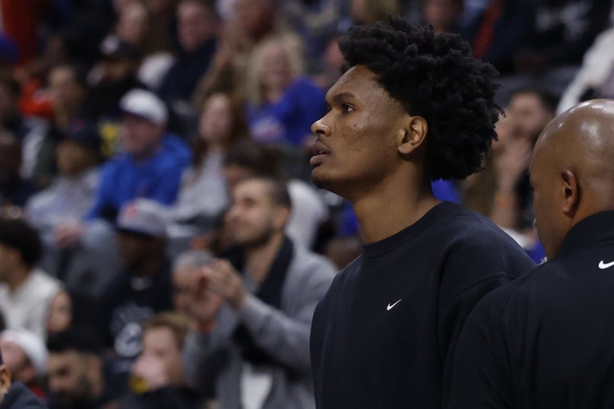 May 5, 2026; Detroit, Michigan, USA; Houston Rocket forward Amen Thompson looks on in the first half of the game between the Detroit Pistons and the Cleveland Cavaliers game one of the second round of the 2026 NBA Playoffs at Little Caesars Arena. Mandatory Credit: Rick Osentoski-Imagn Images