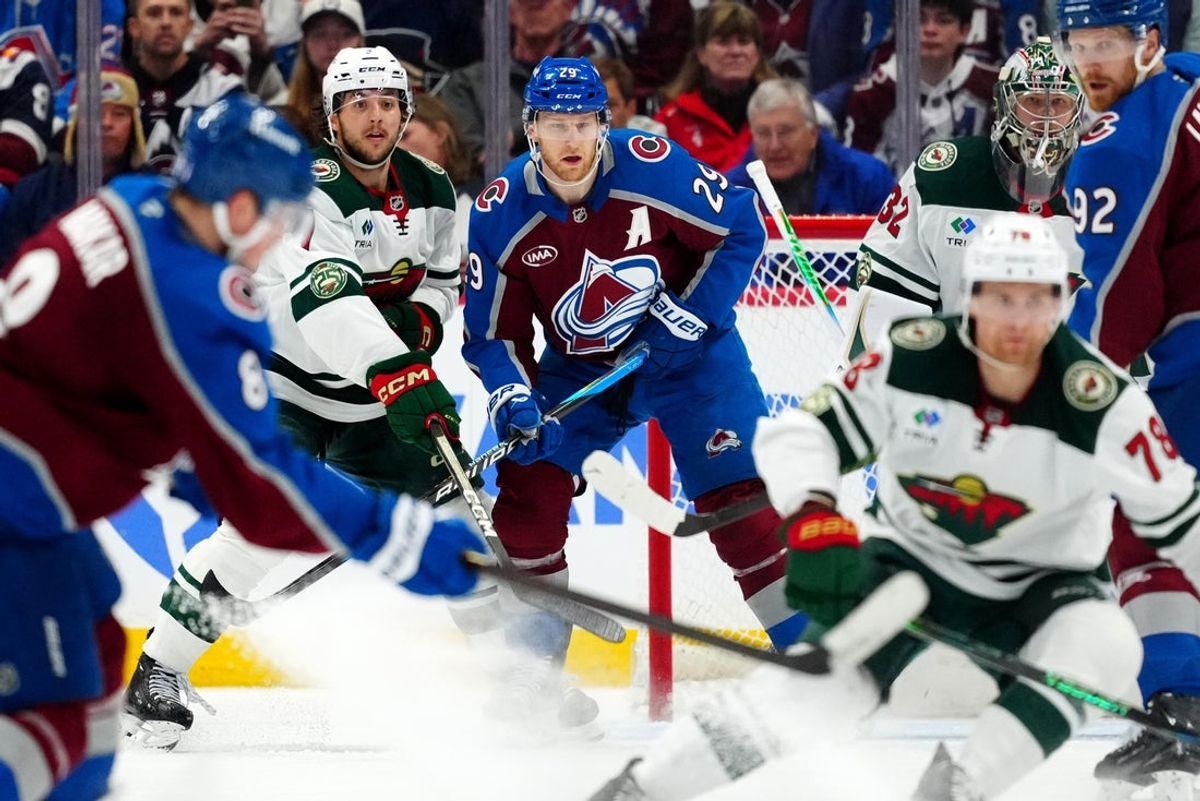 May 5, 2026; Denver, Colorado, USA; Colorado Avalanche center Nathan MacKinnon (29) awaits the puck during the third period against the Minnesota Wild in game two of the second round of the 2026 Stanley Cup Playoffs at Ball Arena. Mandatory Credit: Ron Chenoy-Imagn Images