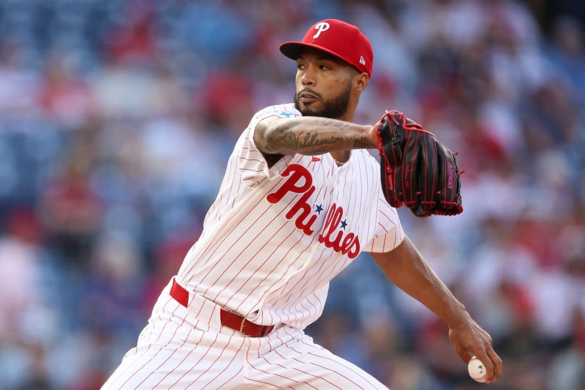 May 5, 2026; Philadelphia, Pennsylvania, USA; Philadelphia Phillies pitcher Cristopher Sanchez (61) in action against the Athletics during the first inning at Citizens Bank Park. Mandatory Credit: Bill Streicher-Imagn Images