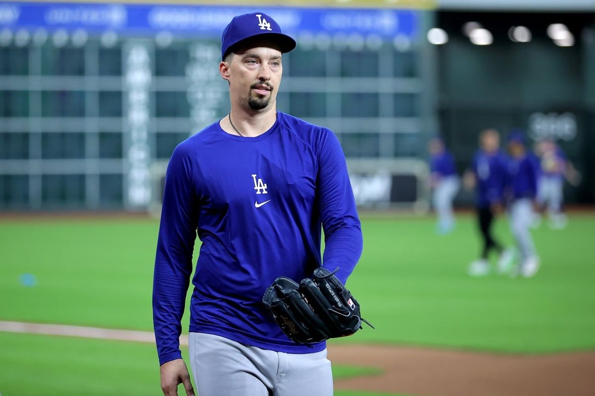 May 6, 2026; Houston, Texas, USA; Los Angeles Dodgers pitcher Blake Snell prior to the game against the Houston Astros at Daikin Park. Mandatory Credit: Erik Williams-Imagn Images
