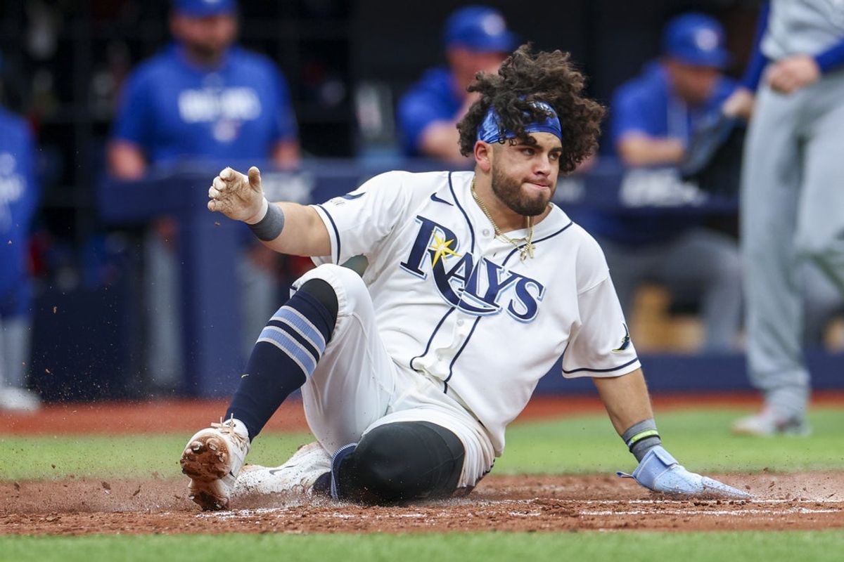 May 6, 2026; St. Petersburg, Florida, USA; Tampa Bay Rays first baseman Jonathan Aranda (8) scores a run against the Toronto Blue Jays in the fourth inning at Tropicana Field. Mandatory Credit: Nathan Ray Seebeck-Imagn Images