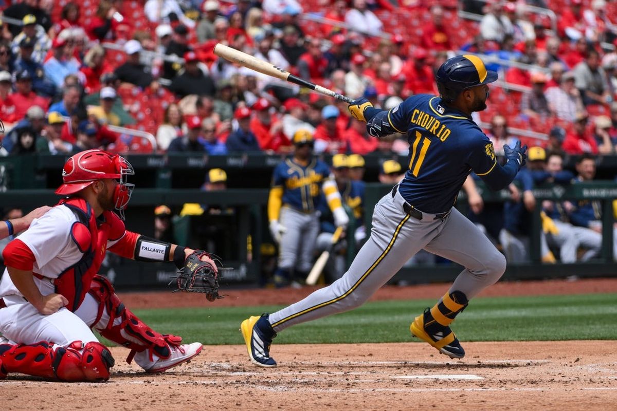 May 6, 2026; St. Louis, Missouri, USA; Milwaukee Brewers left fielder Jackson Chourio (11) hits a single against the St. Louis Cardinals during the third inning at Busch Stadium. Mandatory Credit: Jeff Curry-Imagn Images