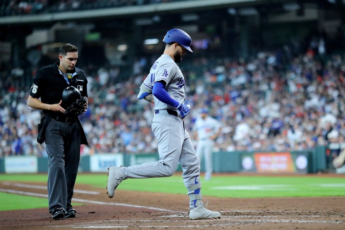May 6, 2026; Houston, Texas, USA; Los Angeles Dodgers center fielder Andy Pages (44) crosses home plate after hitting a three run home run against the Houston Astros during the third inning at Daikin Park. Mandatory Credit: Erik Williams-Imagn Images
