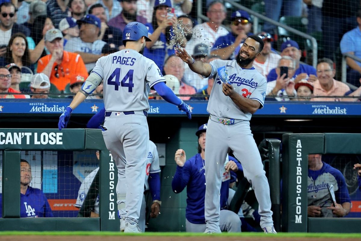 May 6, 2026; Houston, Texas, USA; Los Angeles Dodgers center fielder Andy Pages (44) is congratulated by left fielder Teoscar Hernandez (37) after hitting a two run home run against the Houston Astros during the fifth inning at Daikin Park. Mandatory Credit: Erik Williams-Imagn Images