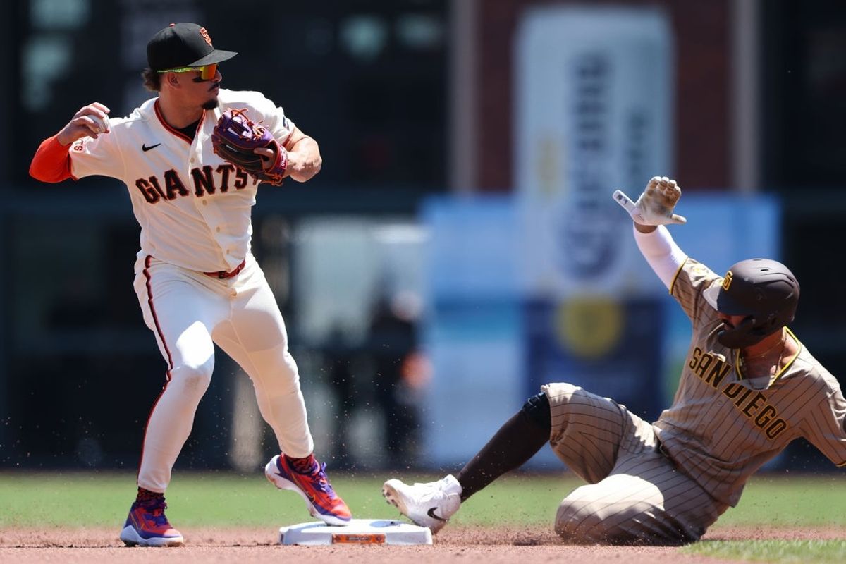 May 6, 2026; San Francisco, California, USA; San Francisco Giants shortstop Willy Adames (left) gets the force out at second base ahead of San Diego Padres right fielder Nick Castellanos (right) during the fifth inning at Oracle Park. Mandatory Credit: Scott Marshall-Imagn Images
