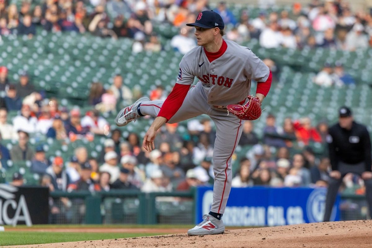 May 6, 2026; Detroit, Michigan, USA; Boston Red Sox pitcher Sonny Gray (54) delivers in the first inning against the Detroit Tigers at Comerica Park. Mandatory Credit: David Reginek-Imagn Images