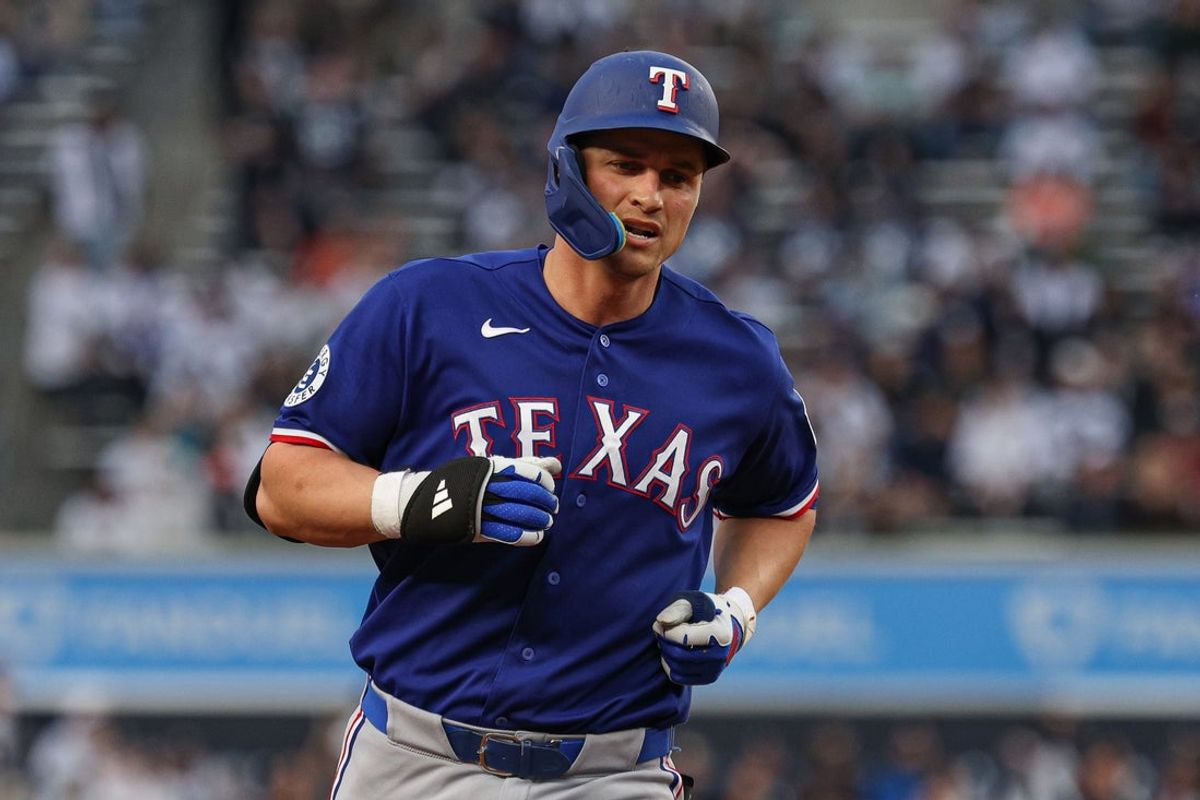 May 6, 2026; Bronx, New York, USA; Texas Rangers shortstop Corey Seager (5) rounds the bases after hitting a solo home run during the first inning against the New York Yankees at Yankee Stadium. Mandatory Credit: Vincent Carchietta-Imagn Images