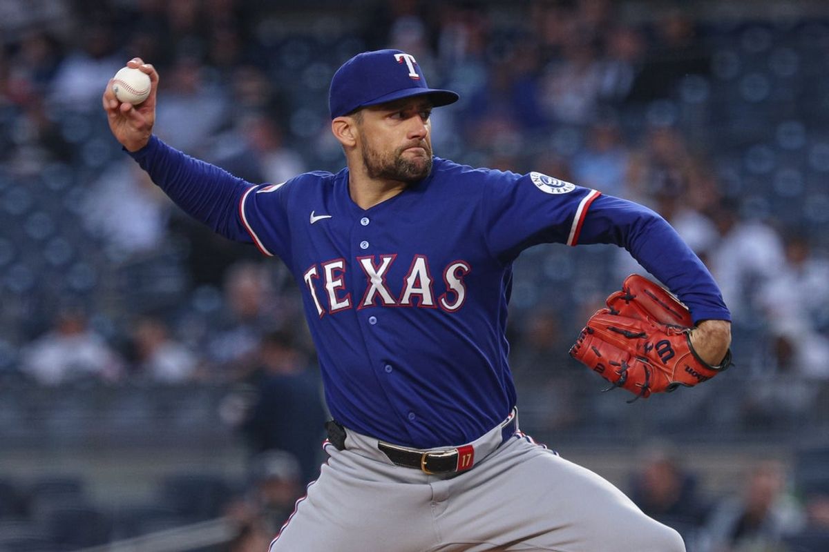 May 6, 2026; Bronx, New York, USA; Texas Rangers pitcher Nathan Eovaldi (17) delivers a pitch during the first inning against the New York Yankees at Yankee Stadium. Mandatory Credit: Vincent Carchietta-Imagn Images
