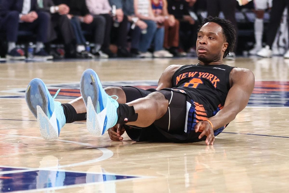 May 6, 2026; New York, New York, USA; New York Knicks forward Og Anunoby (8) falls to the court after missing a shot against the Philadelphia 76ers during game five of the second round of the 2026 NBA Playoffs at Madison Square Garden. Mandatory Credit: Wendell Cruz-Imagn Images