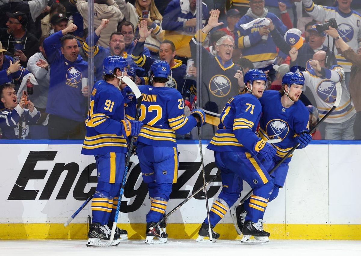 May 6, 2026; Buffalo, New York, USA; Buffalo Sabres defenseman Bowen Byram (4) celebrates his goal with teammates during the second period against the Montréal Canadiens in game one of the second round of the 2026 Stanley Cup Playoffs at KeyBank Center. Mandatory Credit: Timothy T. Ludwig-Imagn Images