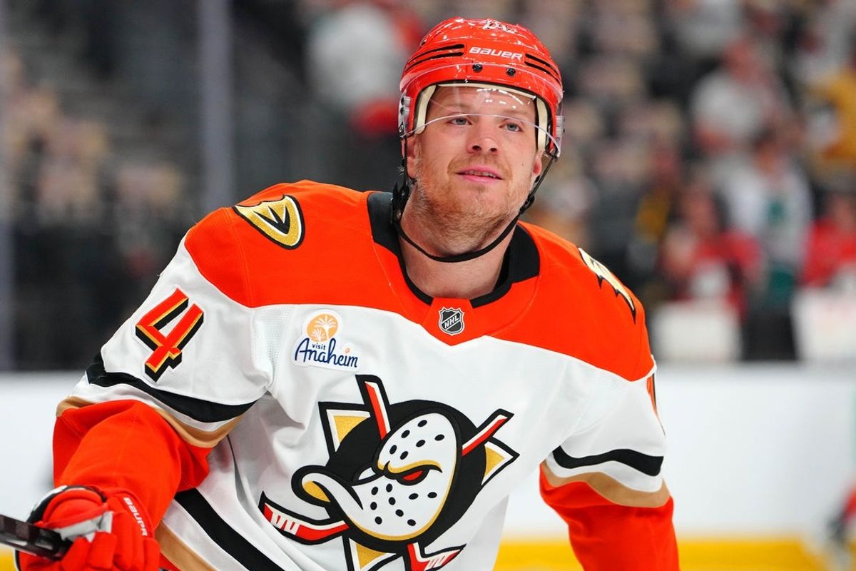 May 6, 2026; Las Vegas, Nevada, USA; Anaheim Ducks defenseman John Carlson (74) warms up before the start of game two against the Vegas Golden Knights in the second round of the 2026 Stanley Cup Playoffs at T-Mobile Arena. Mandatory Credit: Stephen R. Sylvanie-Imagn Images