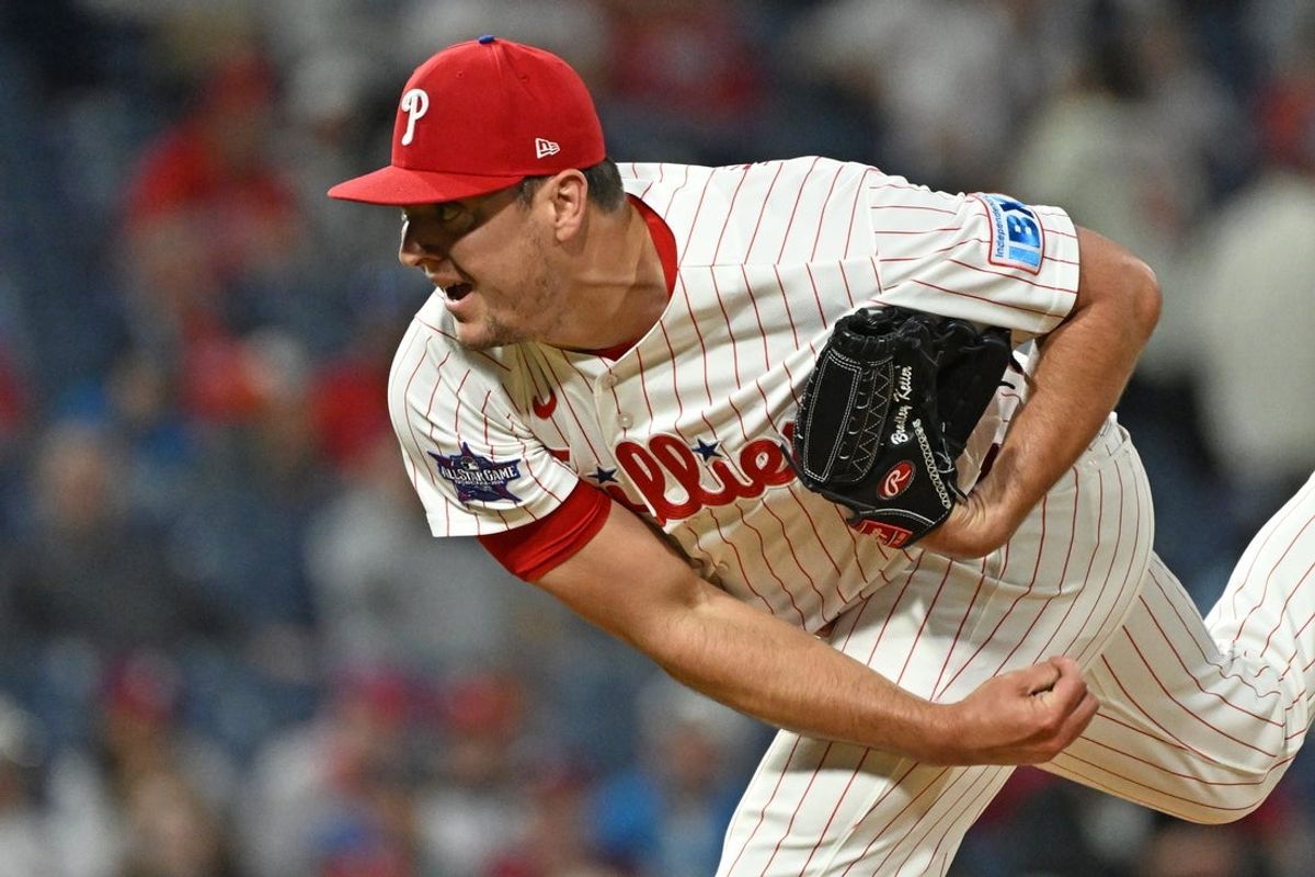 May 6, 2026; Philadelphia, Pennsylvania, USA; Philadelphia Phillies pitcher Brad Keller (40) follows through on a pitch against the Athletics during the ninth inning at Citizens Bank Park. Mandatory Credit: Eric Hartline-Imagn Images