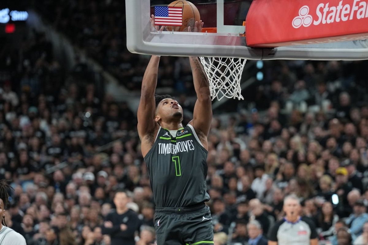 May 6, 2026; San Antonio, Texas, USA; Minnesota Timberwolves guard Terrence Shannon Jr. (1) shoots in the second half against the San Antonio Spurs during game two of the second round of the 2026 NBA Playoffs at Frost Bank Center. Mandatory Credit: Daniel Dunn-Imagn Images
