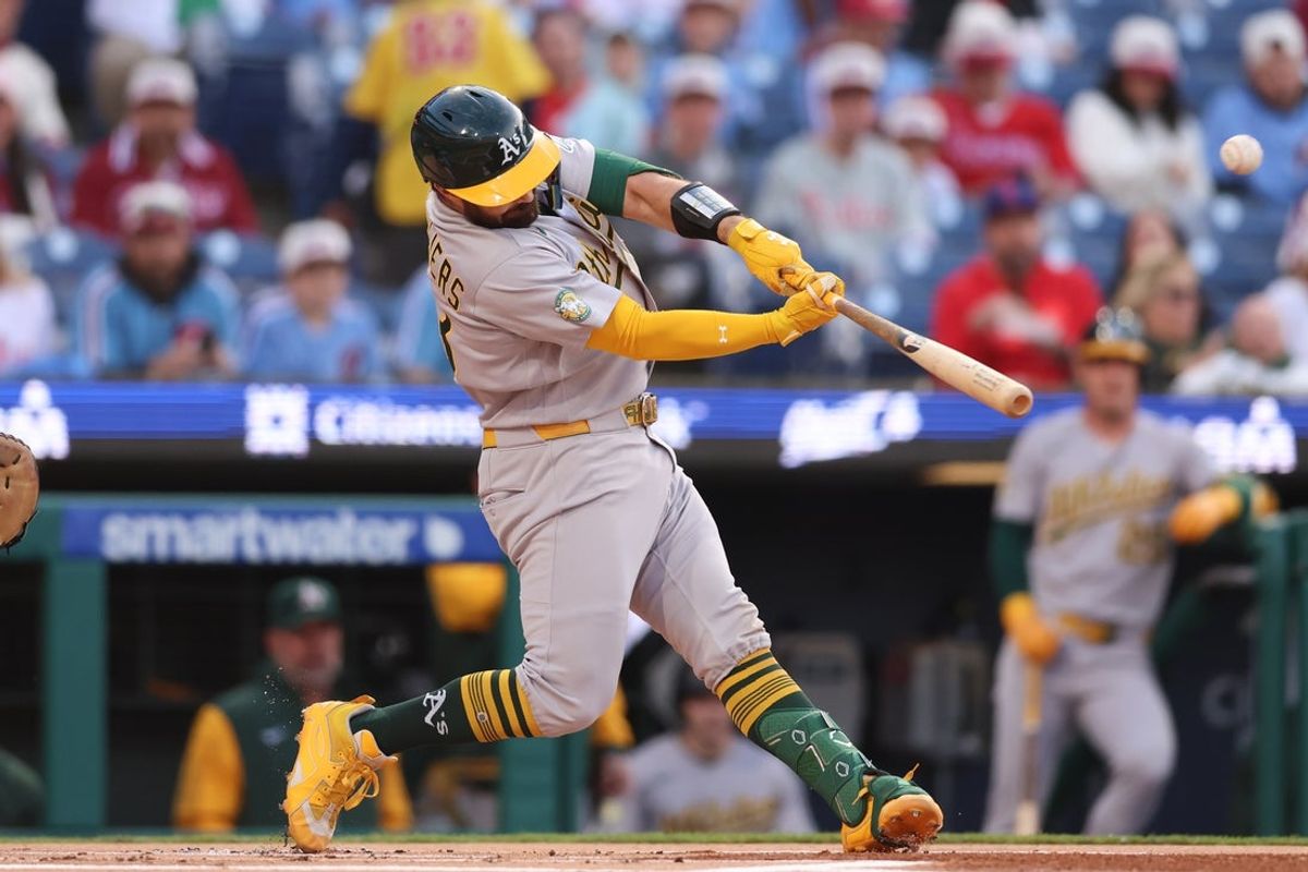 May 7, 2026; Philadelphia, Pennsylvania, USA; Athletics catcher Shea Langeliers (23) hits a two RBI home run against the Philadelphia Phillies during the first inning at Citizens Bank Park. Mandatory Credit: Bill Streicher-Imagn Images