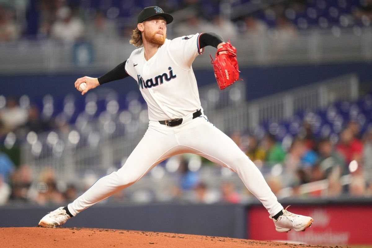 May 7, 2026; Miami, Florida, USA;  Miami Marlins pitcher Max Meyer (23) throws in the second inning against the Baltimore Orioles at loanDepot Park. Mandatory Credit: Jim Rassol-Imagn Images