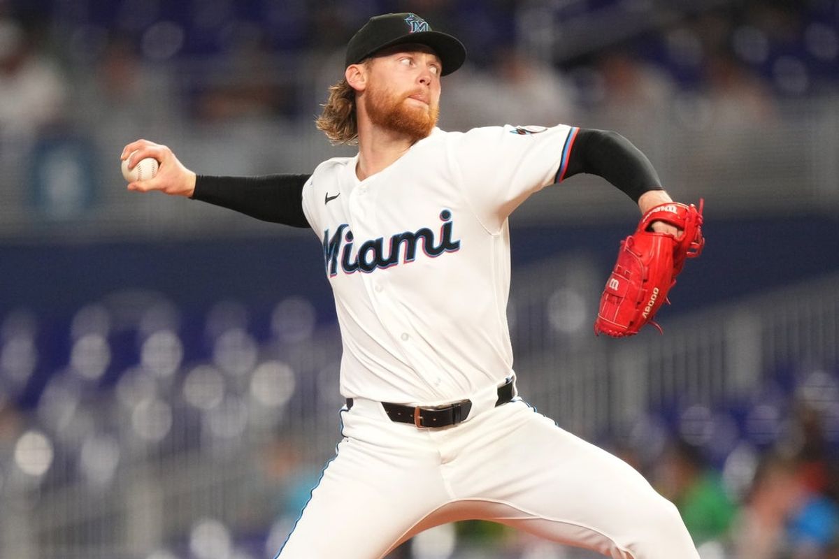 May 7, 2026; Miami, Florida, USA;  Miami Marlins pitcher Max Meyer (23) throws in the second inning against the Baltimore Orioles at loanDepot Park. Mandatory Credit: Jim Rassol-Imagn Images