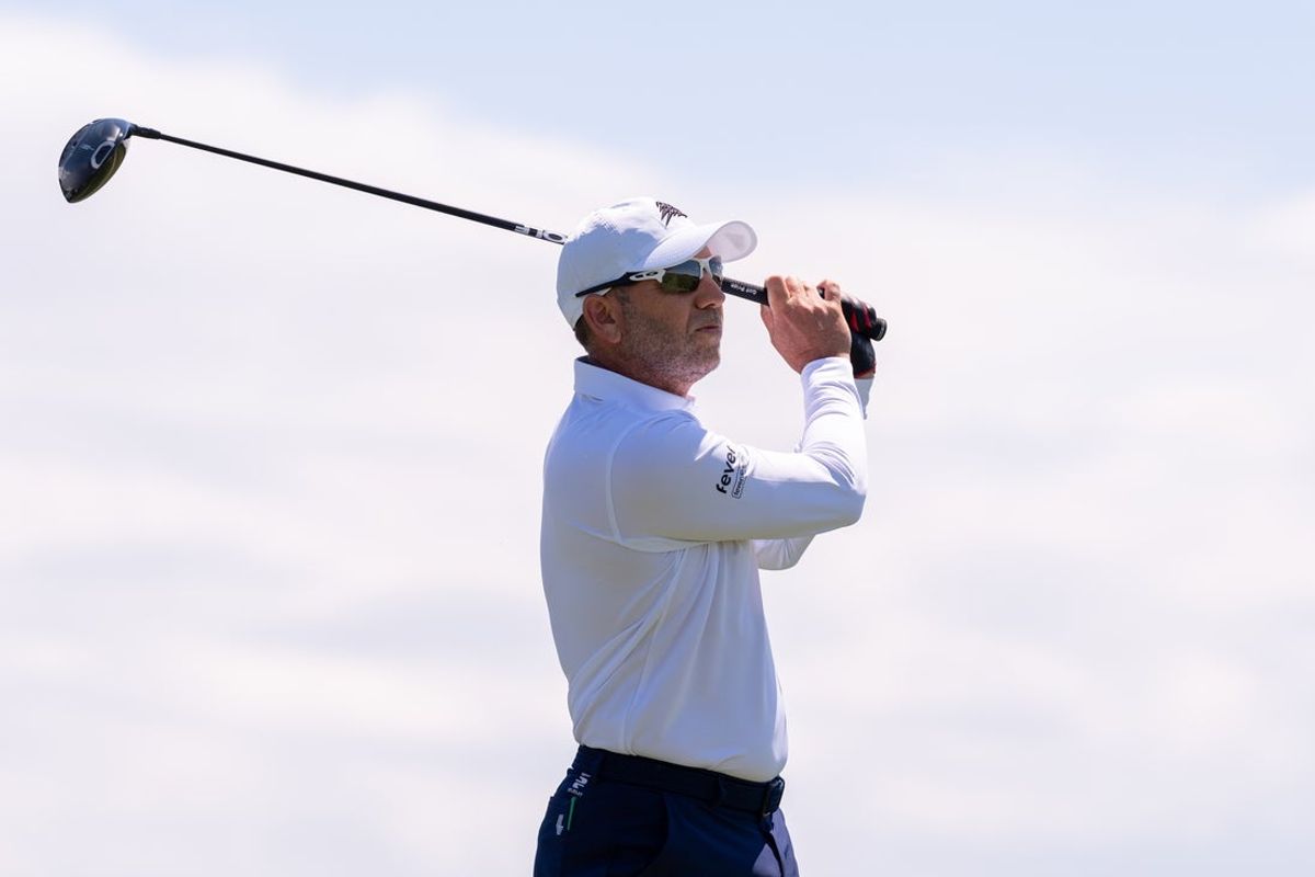 May 7, 2026; Sterling, Virginia, USA; Sergio Garcia tees off at the fourth hole during the first round of LIV Golf Virginia golf tournament at Trump National Golf Club. Mandatory Credit: John (Jack) Power-Imagn Images