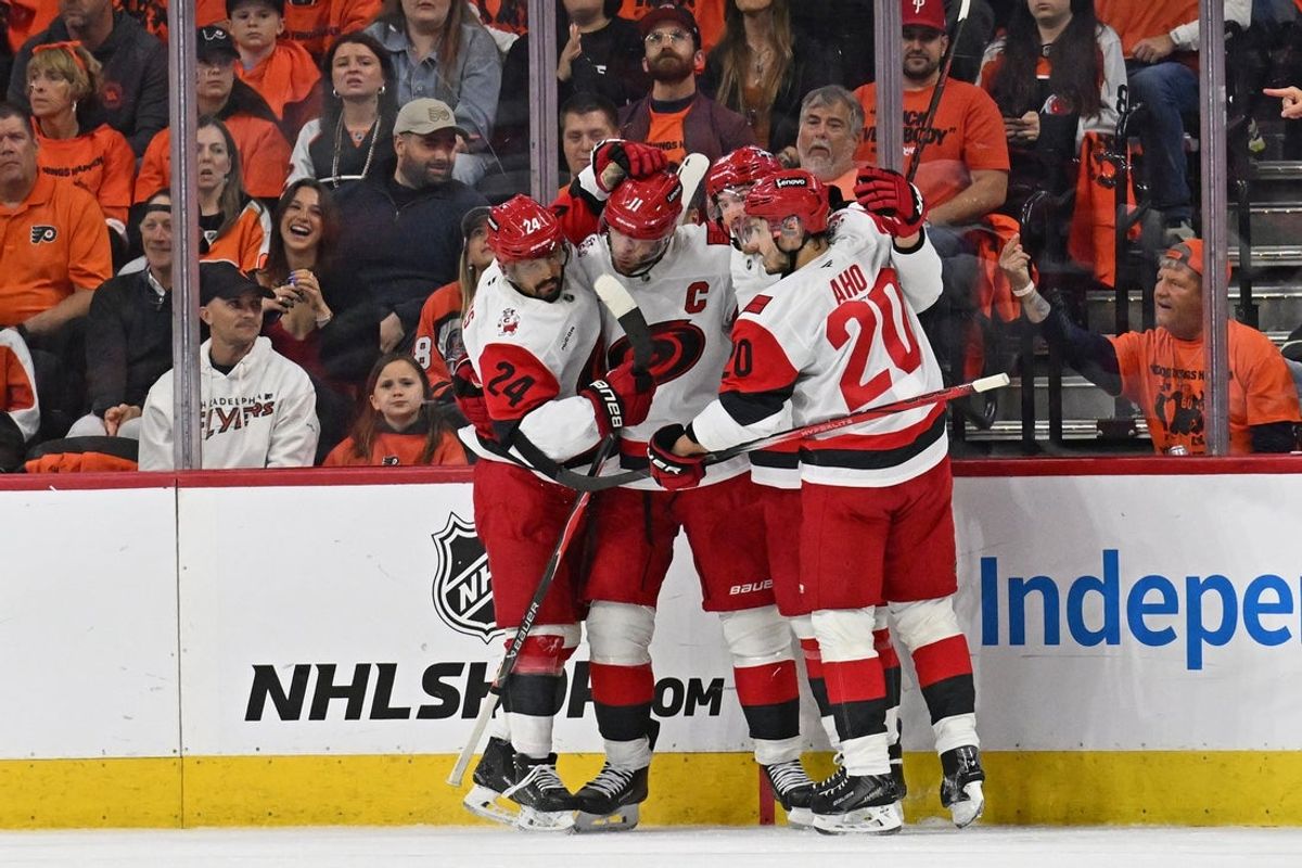 May 7, 2026; Philadelphia, Pennsylvania, USA; Carolina Hurricanes center Jordan Staal (11) celebrates his goal with teammates against the Philadelphia Flyers during the first period in game three of the second round of the 2026 Stanley Cup Playoffs at Xfinity Mobile Arena. Mandatory Credit: Eric Hartline-Imagn Images
