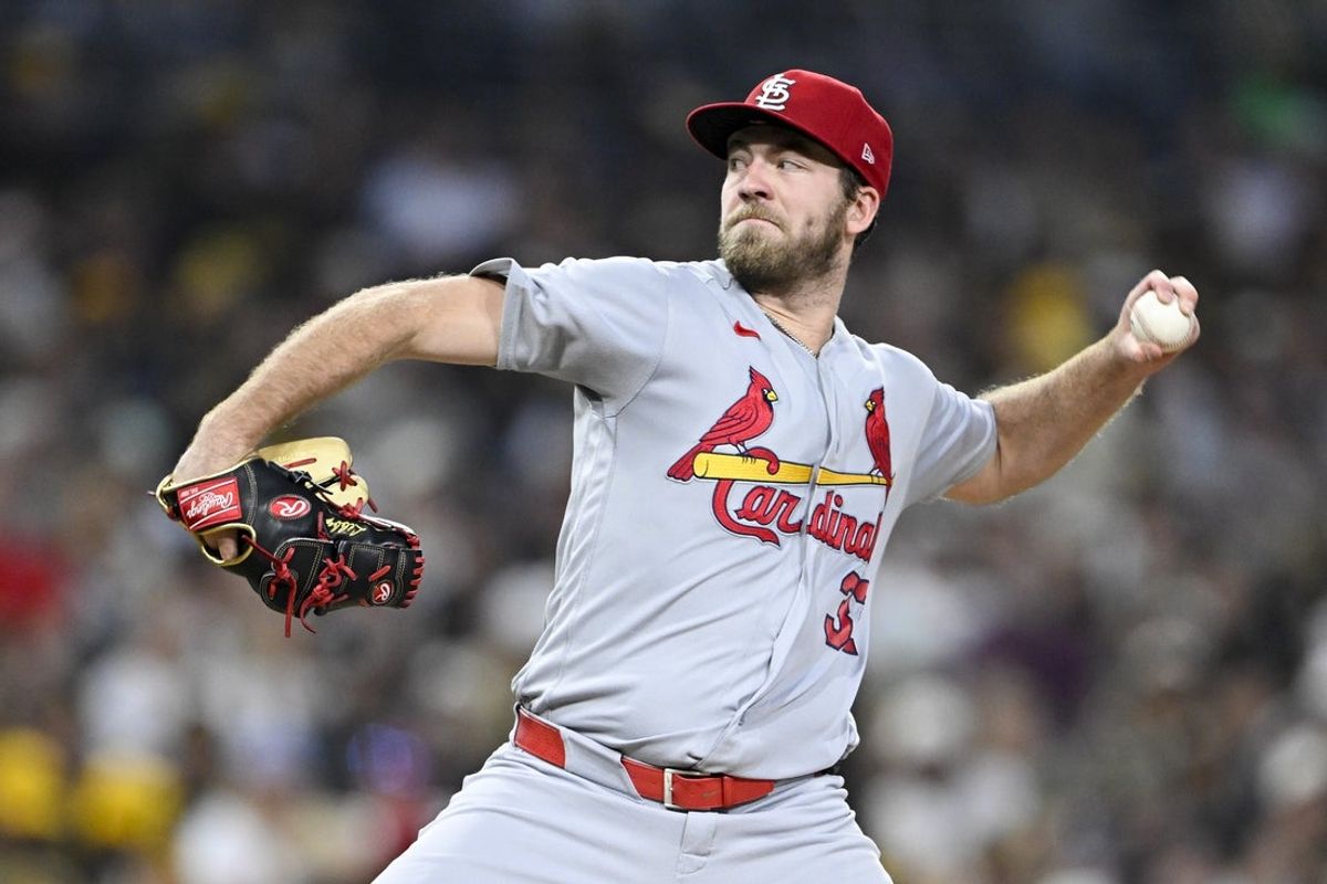 May 7, 2026; San Diego, California, USA; St. Louis Cardinals starting pitcher Matthew Liberatore (32) delivers during the second inning against the San Diego Padres at Petco Park. Mandatory Credit: Denis Poroy-Imagn Images