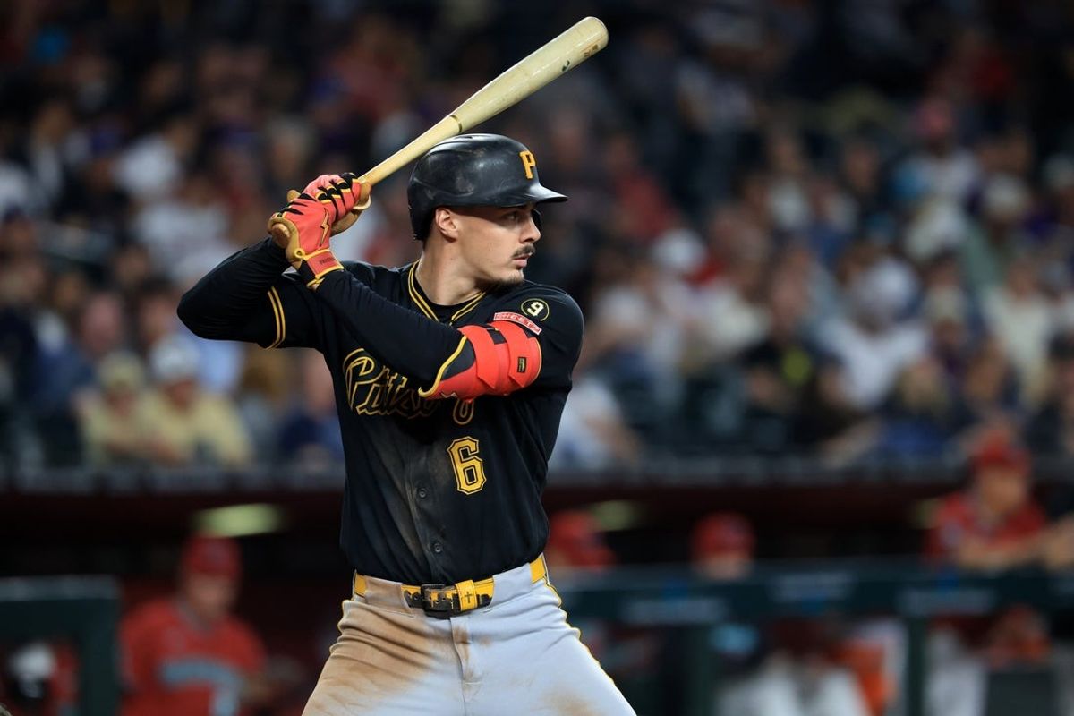 May 6, 2026; Phoenix, Arizona, USA; Pittsburgh Pirates shortstop Konnor Griffin (6) against the Arizona Diamondbacks at Chase Field. Mandatory Credit: Mark J. Rebilas-Imagn Images