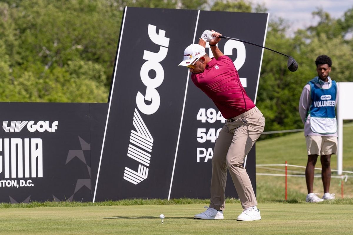 May 8, 2026; Sterling, Virginia, USA; Lucas Herbert hits a drive during the second round of LIV Golf Virginia golf tournament at Trump National Golf Club. Mandatory Credit: John (Jack) Power-Imagn Images