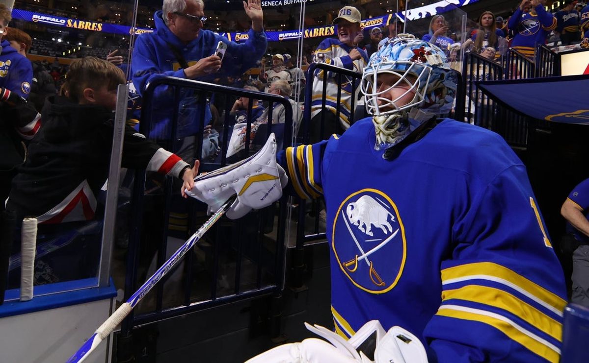 May 8, 2026; Buffalo, New York, USA; Buffalo Sabres goaltender Ukko-Pekka Luukkonen (1) makes his way to the ice before a game against the Montréal Canadiens in game two of the second round of the 2026 Stanley Cup Playoffs at KeyBank Center. Mandatory Credit: Timothy T. Ludwig-Imagn Images