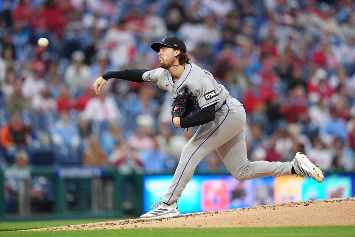 May 8, 2026; Philadelphia, Pennsylvania, USA; Colorado Rockies starting pitcher Chase Dollander (32) throws a pitch against the Philadelphia Phillies in the first inning at Citizens Bank Park. Mandatory Credit: Kyle Ross-Imagn Images