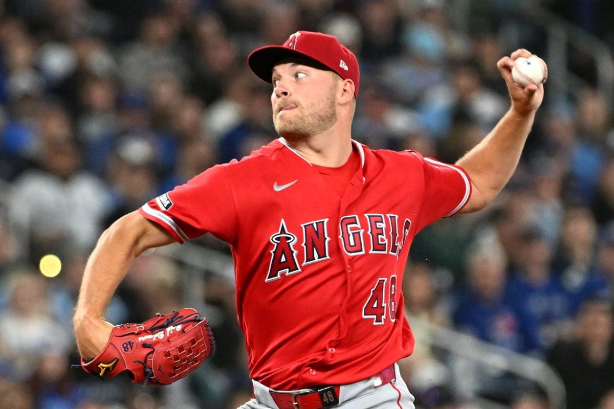 May 8, 2026; Toronto, Ontario, CAN;  Los Angeles Angels starting pitcher Reid Detmers (48) delivers a pitch against the Toronto Blue Jays in the second inning at Rogers Centre. Mandatory Credit: Dan Hamilton-Imagn Images