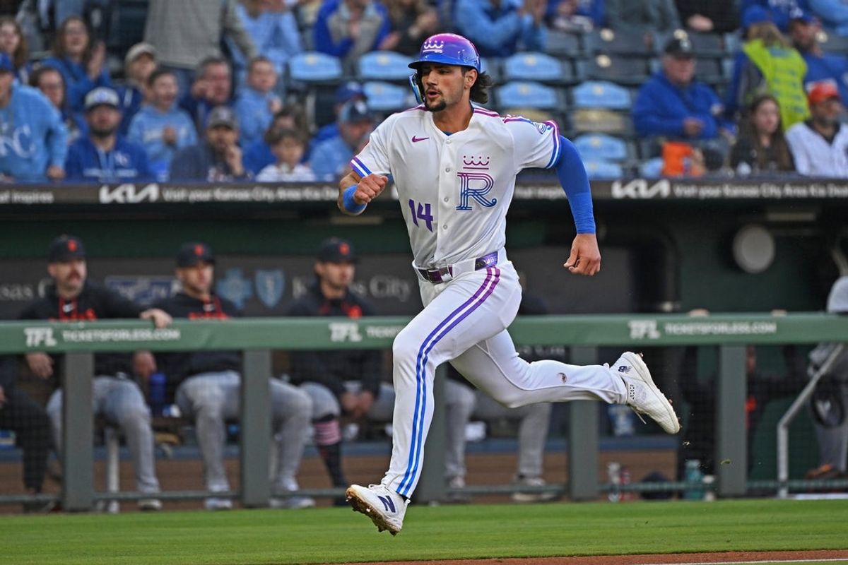 May 8, 2026; Kansas City, Missouri, USA;  Kansas City Royals right fielder Jac Caglianone (14) scores in the second inning against the Detroit Tigers at Kauffman Stadium. Mandatory Credit: Peter Aiken-Imagn Images