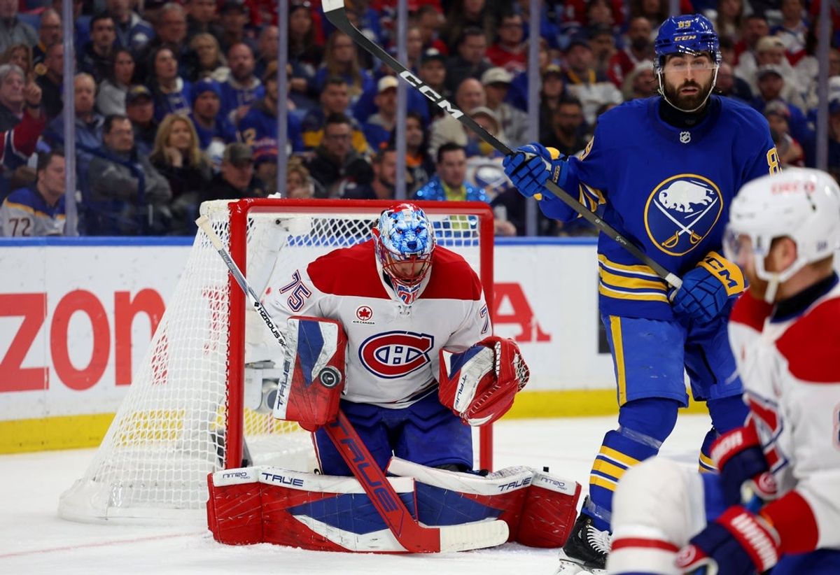 May 8, 2026; Buffalo, New York, USA; Montréal Canadiens goaltender Jakub Dobes (75) makes a blocker save during the second period against the Buffalo Sabres in game two of the second round of the 2026 Stanley Cup Playoffs at KeyBank Center. Mandatory Credit: Timothy T. Ludwig-Imagn Images