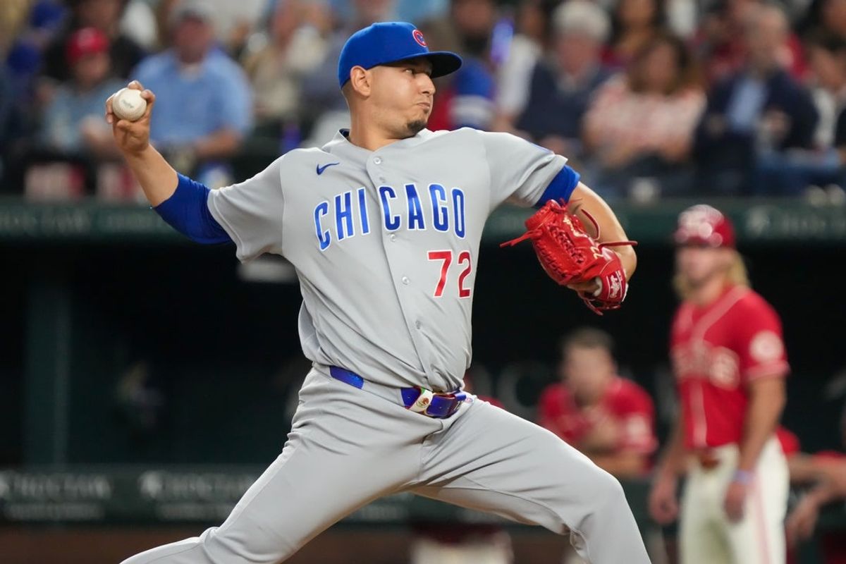 May 8, 2026; Arlington, Texas, USA;  Chicago Cubs pitcher Javier Assad (72) throws the plate during the fifth inning against the Texas Rangers at Globe Life Field. Mandatory Credit: Raymond Carlin III-Imagn Images