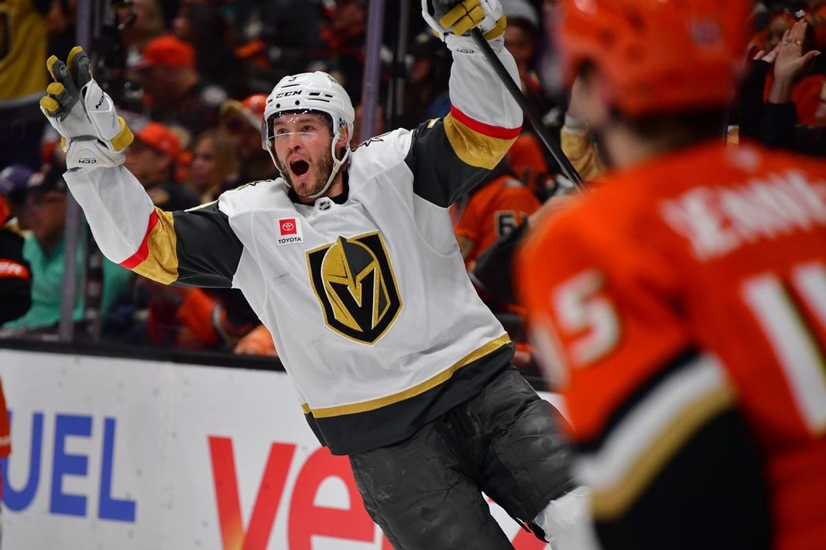 May 8, 2026; Anaheim, California, USA; Vegas Golden Knights defenseman Brayden McNabb (3) celebrates his shorthanded goal scored against the Anaheim Ducks during the first period in game three of the second round of the 2026 Stanley Cup Playoffs at Honda Center. Mandatory Credit: Gary A. Vasquez-Imagn Images