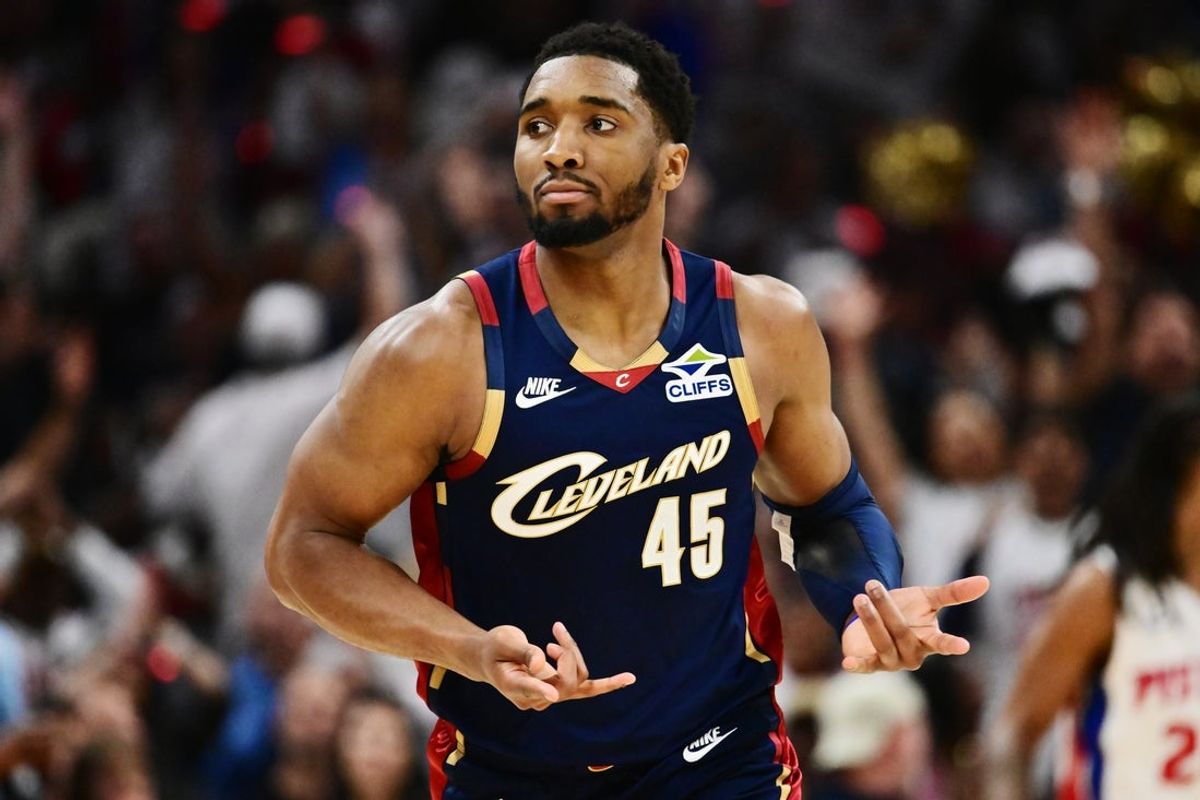 May 9, 2026; Cleveland, Ohio, USA; Cleveland Cavaliers guard Donovan Mitchell (45) celebrates after hitting a three point basket against the Detroit Pistons during the first half of game three in the second round of the 2026 NBA Playoffs at Rocket Arena. Mandatory Credit: Ken Blaze-Imagn Images