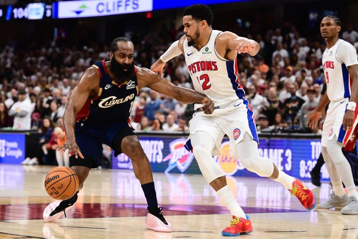 May 9, 2026; Cleveland, Ohio, USA; Cleveland Cavaliers guard James Harden (1) drives to the basket against Detroit Pistons forward Tobias Harris (12) during the second half of game three in the second round of the 2026 NBA Playoffs at Rocket Arena. Mandatory Credit: Ken Blaze-Imagn Images