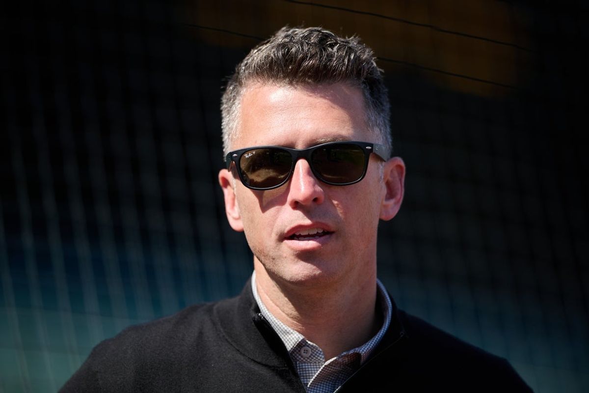 May 9, 2026; San Francisco, California, USA; San Francisco Giants president of baseball operations Buster Posey looks on before the game between the Pittsburgh Pirates and San Francisco Giants at Oracle Park. Mandatory Credit: Robert Edwards-Imagn Images