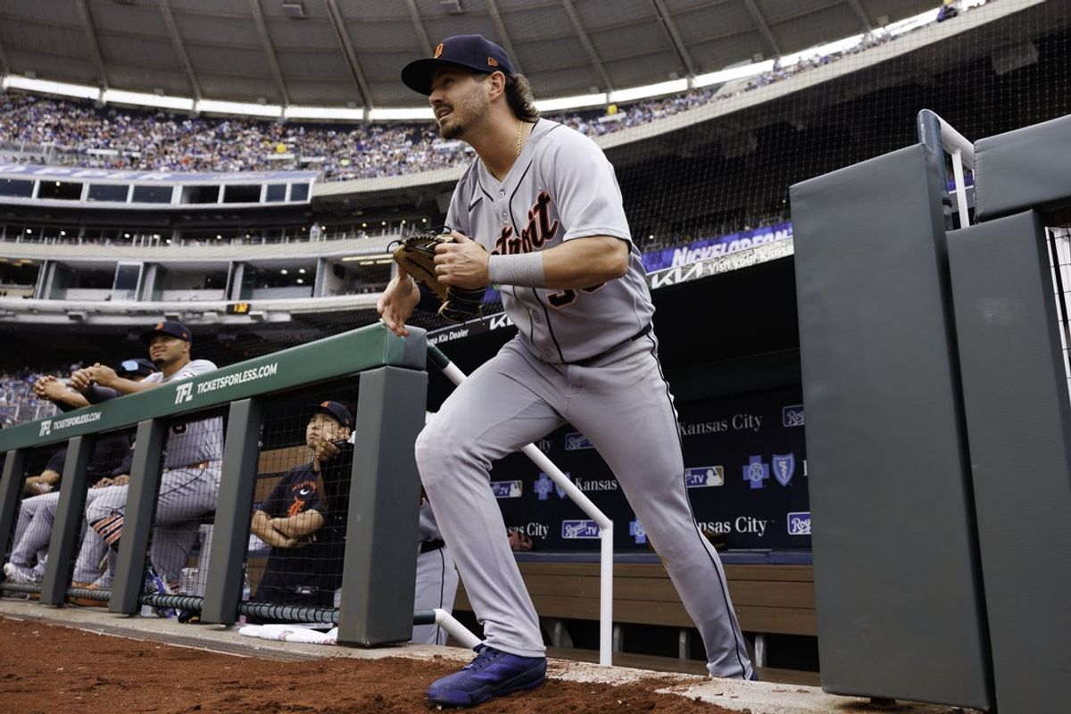 May 9, 2026; Kansas City, Missouri, USA; Detroit Tigers right fielder Kerry Carpenter (30) takes the field during the first inning against the Kansas City Royals at Kauffman Stadium. Mandatory Credit: William Purnell-Imagn Images