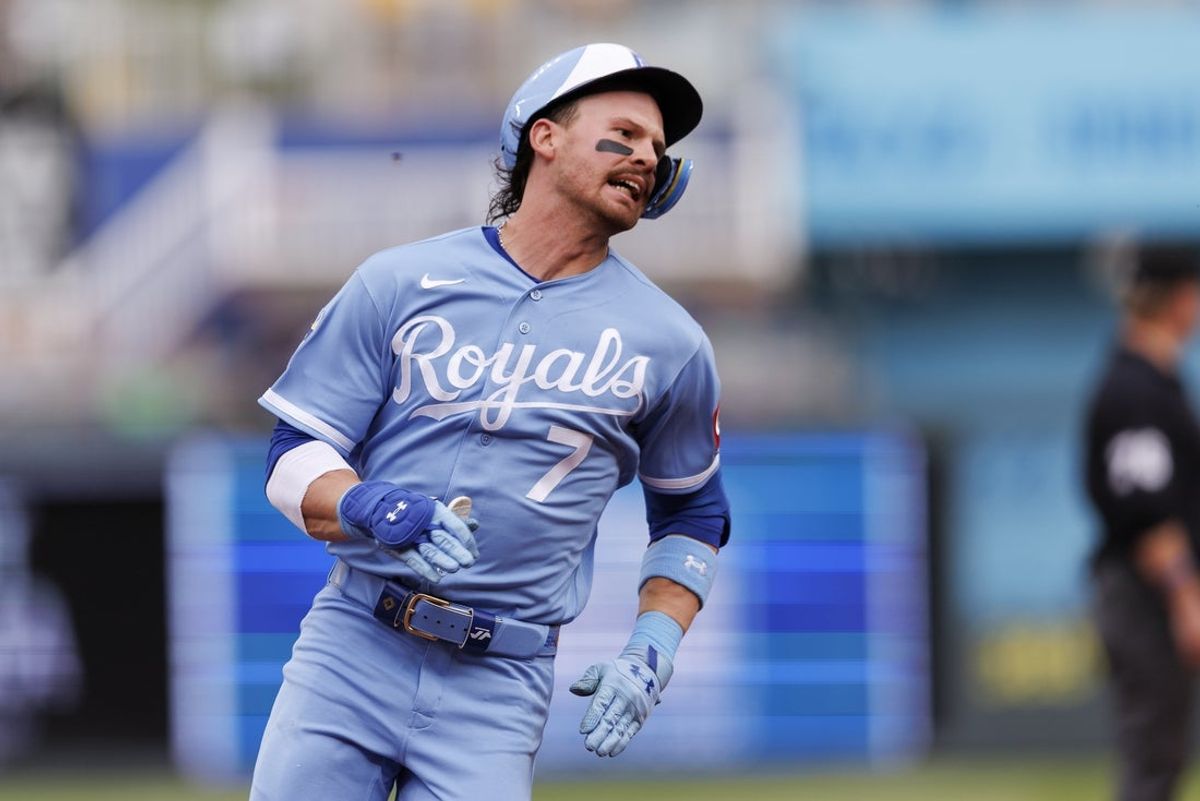 May 9, 2026; Kansas City, Missouri, USA; Kansas City Royals shortstop Bobby Witt Jr. (7) rounds the bases after hitting an in park home run during the first inning against the Detroit Tigers at Kauffman Stadium. Mandatory Credit: William Purnell-Imagn Images