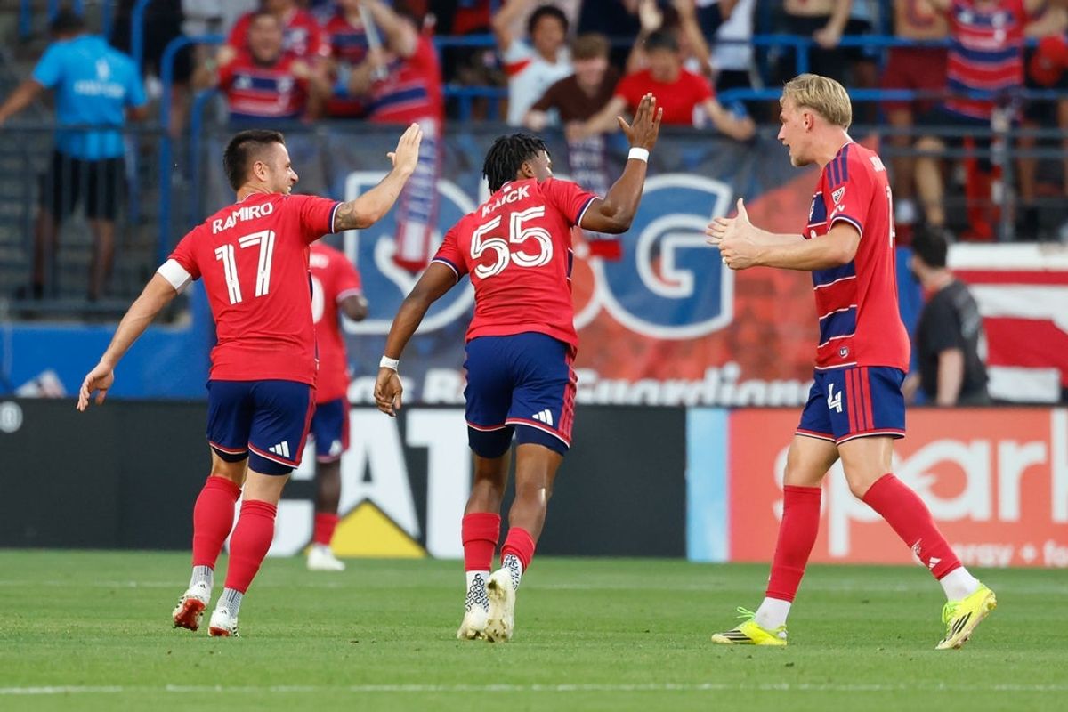May 9, 2026; Frisco, Texas, USA;  FC Dallas celebrates after a goal scored by FC Dallas forward Santiago Moreno (10) against Real Salt Lake during the first half at Toyota Stadium. Mandatory Credit: Chris Jones-Imagn Images