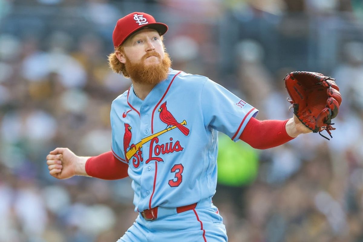 May 9, 2026; San Diego, California, USA; St. Louis Cardinals starting pitcher Dustin May (3) celebrates after a strike out to end the sixth inning against the San Diego Padres at Petco Park. Mandatory Credit: David Frerker-Imagn Images