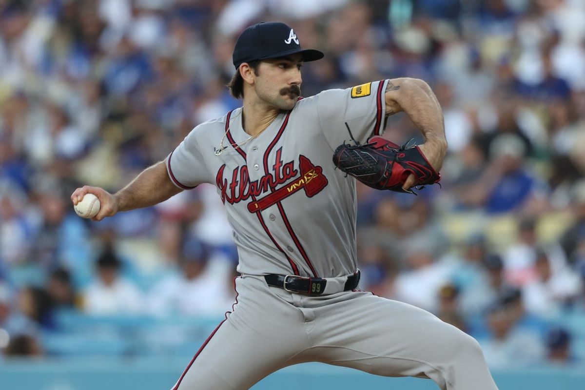 May 9, 2026; Los Angeles, California, USA;  Atlanta Braves pitcher Spencer Strider (99) throws to the plate during the second inning against the Los Angeles Dodgers at Dodger Stadium. Mandatory Credit: Kiyoshi Mio-Imagn Images