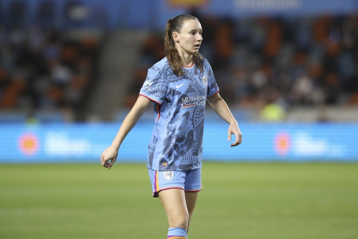 May 9, 2026; Houston, Texas, USA; Houston Dash midfielder Emina Ekic (11) reacts after a play during the second half against the Denver Summit FC at Shell Energy Stadium. Mandatory Credit: Troy Taormina-Imagn Images