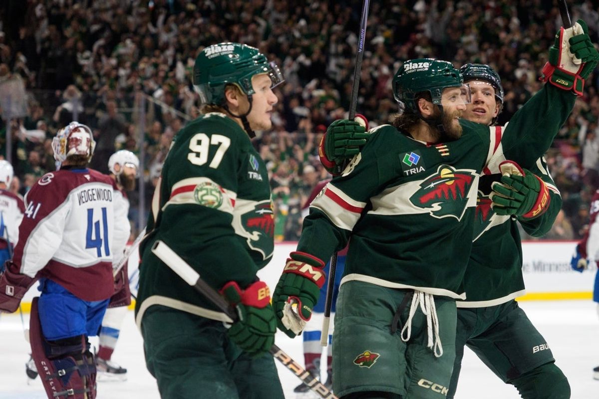 May 9, 2026; Saint Paul, Minnesota, USA; Minnesota Wild right wing Ryan Hartman (38) is congratulated by teammates after scoring on the Colorado Avalanche in the second period of game three of the second round of the 2026 Stanley Cup Playoffs at Grand Casino Arena. Mandatory Credit: Matt Blewett-Imagn Images
