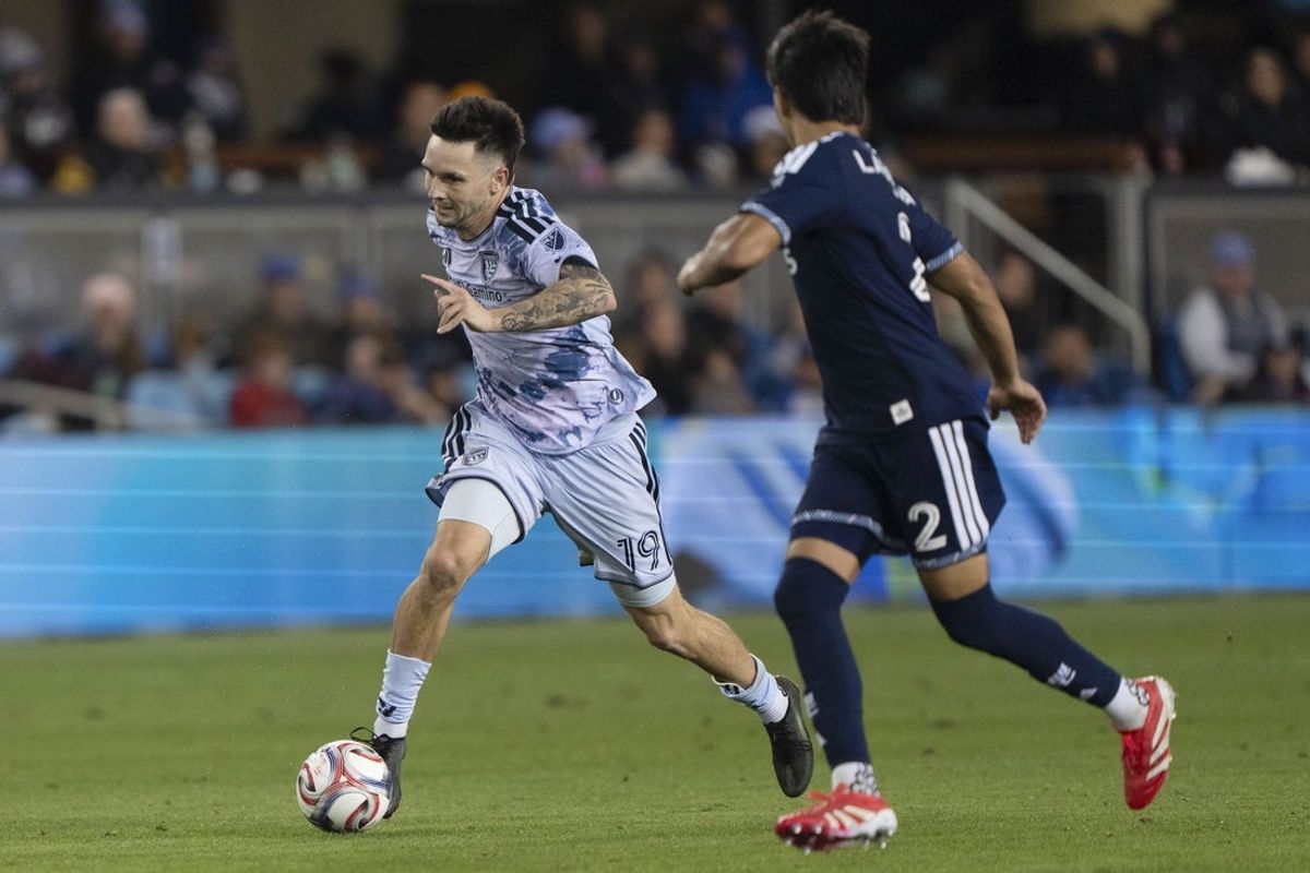 May 9, 2026; San Jose, California, USA;  San Jose Earthquakes forward Preston Judd (19) controls the ball during the second half against Vancouver Whitecaps FC defender Mathias Laborda (2) at PayPal Park. Mandatory Credit: Stan Szeto-Imagn Images