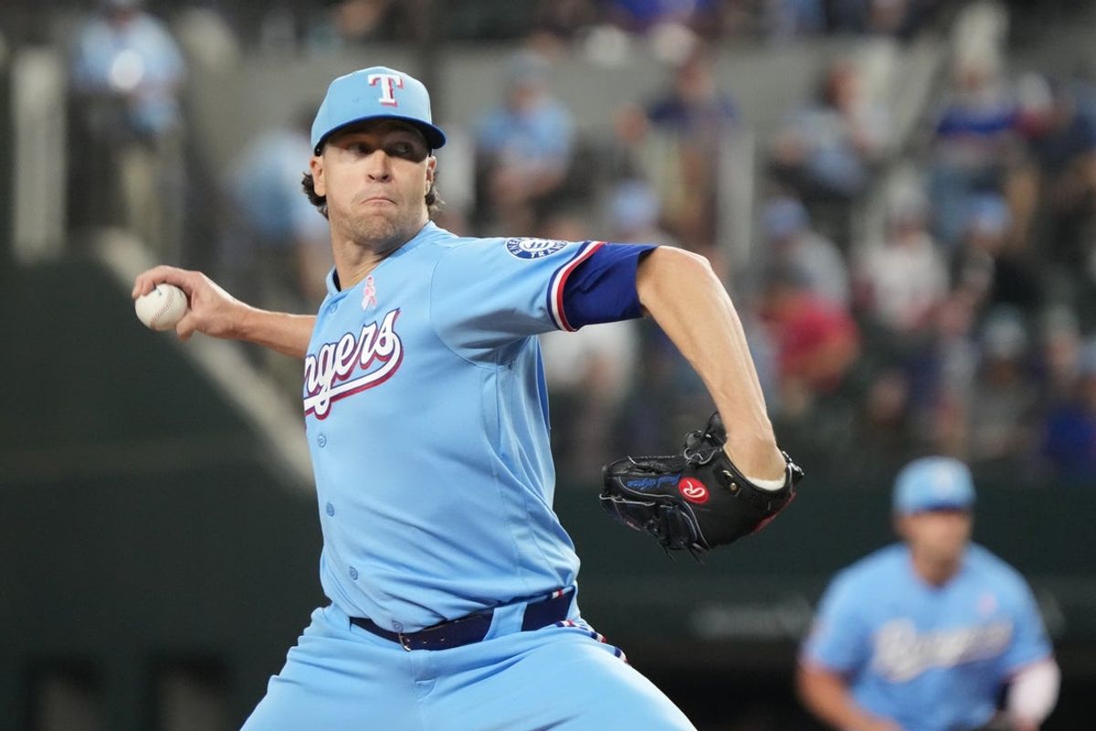 May 10, 2026; Arlington, Texas, USA;  Texas Rangers pitcher Jacob deGrom (48) throws to the plate during the first inning against the Chicago Cubs at Globe Life Field. Mandatory Credit: Raymond Carlin III-Imagn Images